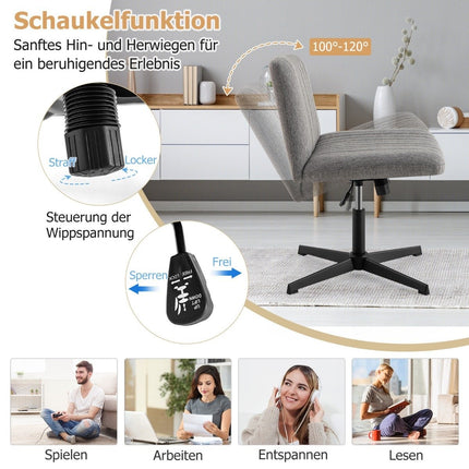 Chaise à pieds croisés sans accoudoirs, chaise pivotante à assise large, chaise de bureau grise
