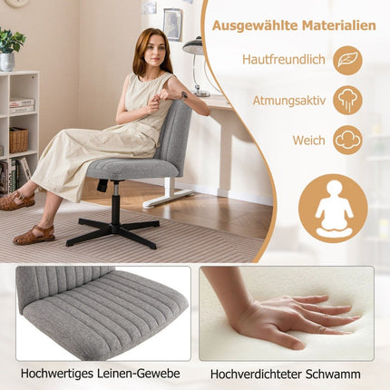 Chaise à pieds croisés sans accoudoirs, chaise pivotante à assise large, chaise de bureau grise