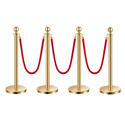 Crowd Control Stanchion Set, 4-Pack, Gold, 5 ft, Red Velvet Ropes