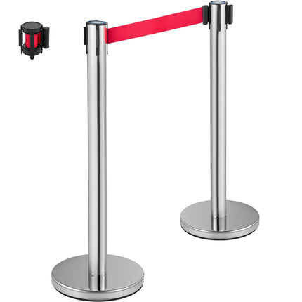 Crowd Control Stanchion Set, 6 Pack, 6.6ft Red Belt, Stainless Steel