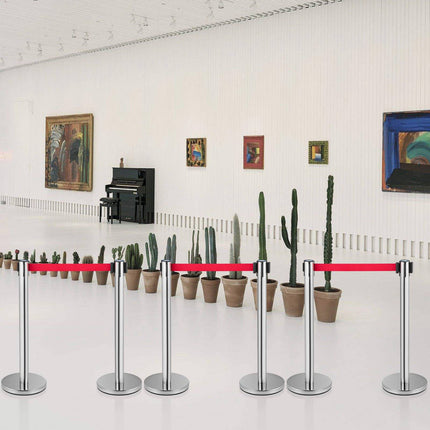 Crowd Control Stanchion Set, 6 Pack, 6.6ft Red Belt, Stainless Steel