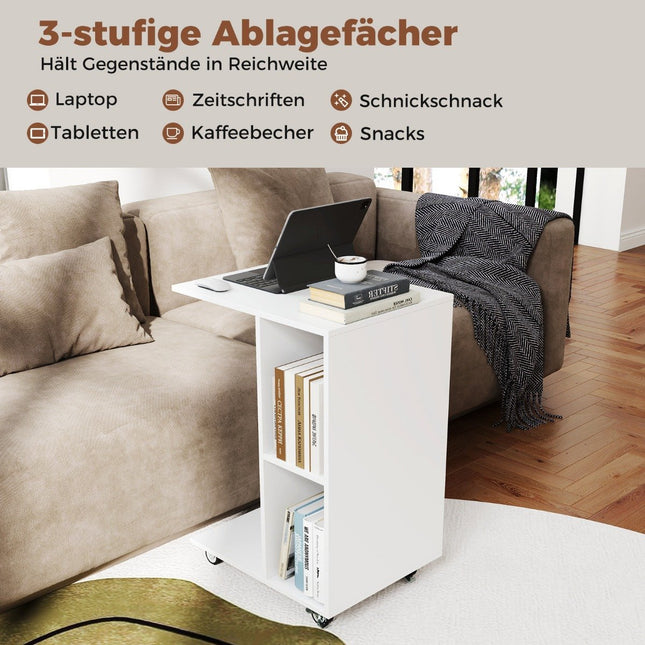 C-förmiger Beistelltisch, schmaler Beistelltisch mit Ablagen, mobiler Nachttisch für Wohnzimmer, weiß