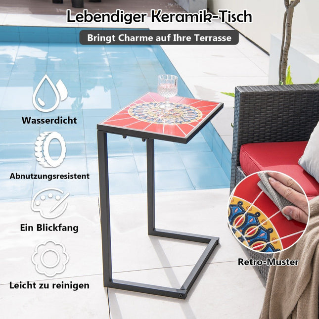 C-förmiger Beistelltisch Sofatisch mit Metallgestell Terrassentisch 46,5 x 32 x 65,5 cm Schwarz + Rot