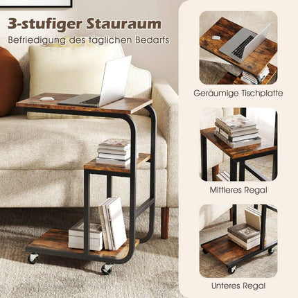 Table d'appoint en C avec étagères ouvertes et roulettes verrouillables. Table basse gain de place.