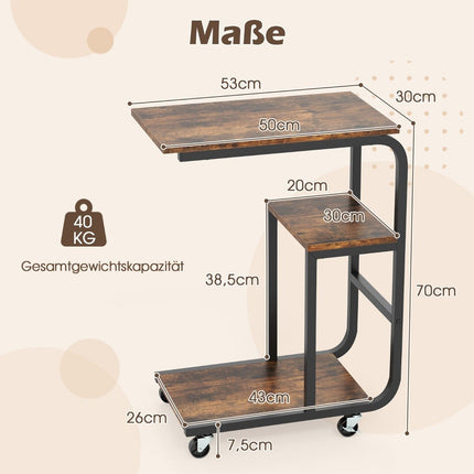 Table d'appoint en C avec étagères ouvertes et roulettes verrouillables. Table basse gain de place.
