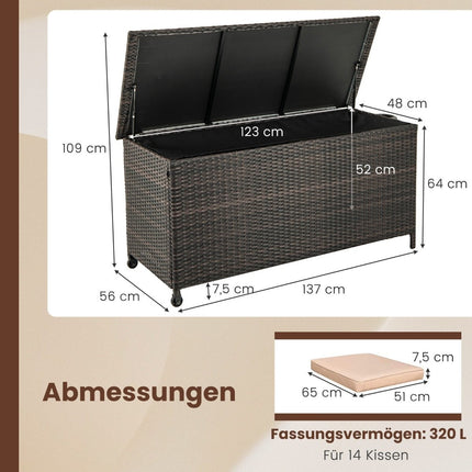 Kissenbox mit Rollen &amp; 320 L Fassungsvermögen Wasserdichte Polyrattan Kissenbox braun