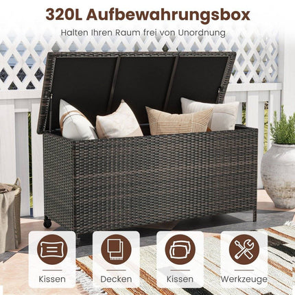 Kissenbox mit Rollen &amp; 320 L Fassungsvermögen Wasserdichte Polyrattan Kissenbox braun