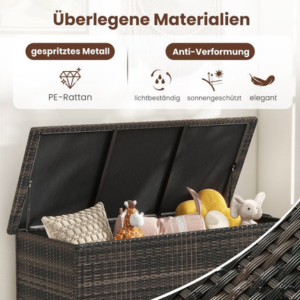 Kissenbox mit Rollen &amp; 320 L Fassungsvermögen Wasserdichte Polyrattan Kissenbox braun
