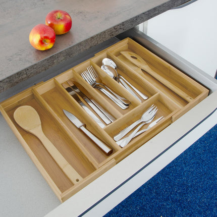 Cutlery Tray for Drawers, Adjustable Bamboo Organizer