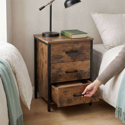 Dark Brown 3-Drawer Bedside Table, MDF & Steel