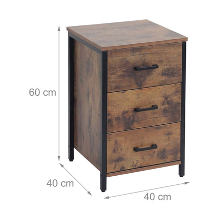 Dark Brown 3-Drawer Bedside Table, MDF & Steel