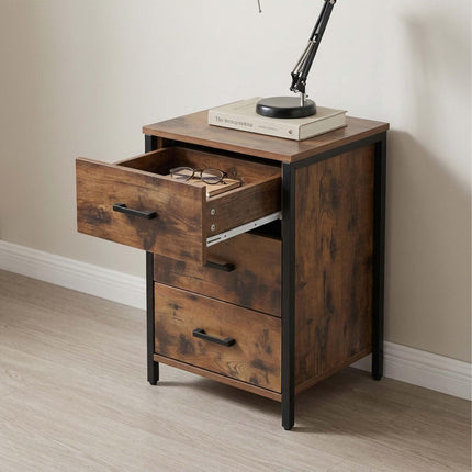 Dark Brown 3-Drawer Bedside Table, MDF & Steel