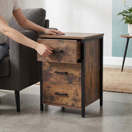 Dark Brown 3-Drawer Bedside Table, MDF & Steel