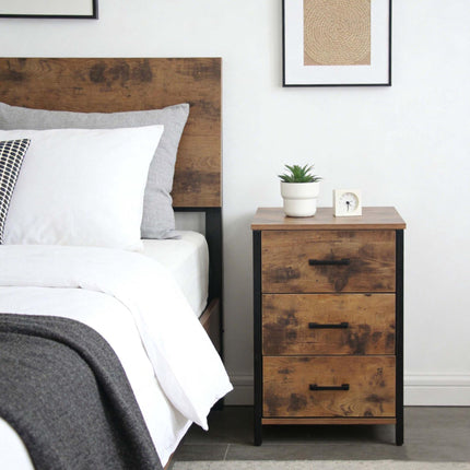 Dark Brown 3-Drawer Bedside Table, MDF & Steel