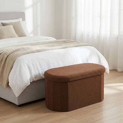 Dark Brown Teddy Fabric Storage Bench, Oval Shape