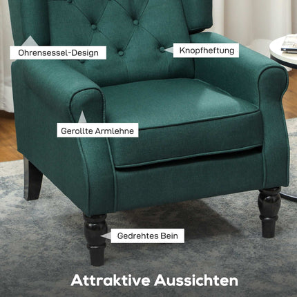 Dunkelgrüner Ohrensessel mit Schaumstoffpolstern, Holzgestell