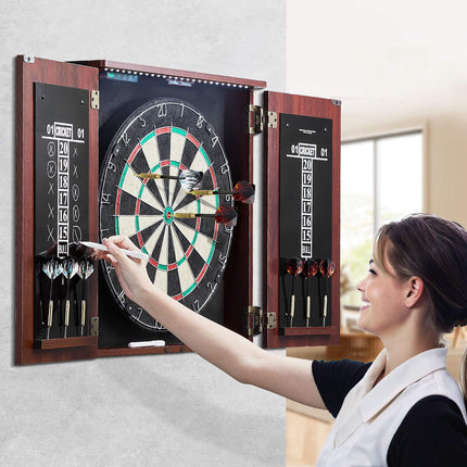 Dartboard Cabinet Set, 18 in Sisal Board, LED Light, 6 Steel Tip Darts
