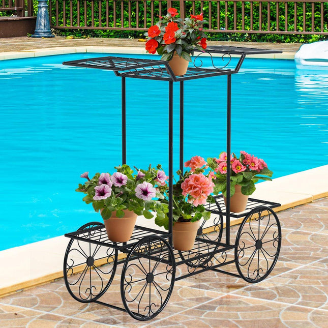 Dekorativer Blumenständer, Pflanzenständer mit 6 Ablagen, freistehender Blumenwagen für drinnen und draußen, Metall, Schwarz, 80,5 x 25 x 75