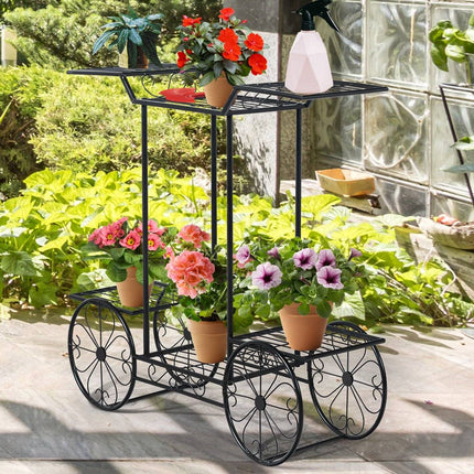 Dekorativer Blumenständer, Pflanzenständer mit 6 Ablagen, freistehender Blumenwagen für drinnen und draußen, Metall, Schwarz, 80,5 x 25 x 75