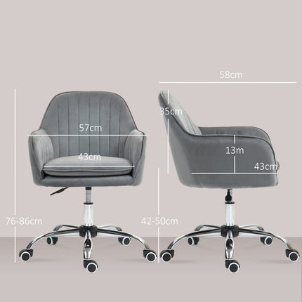 Height-adjustable velvet table chair with armrests, gray