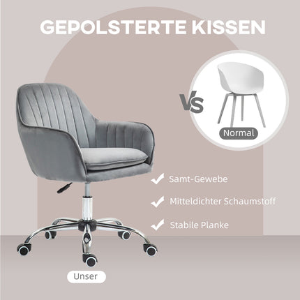 Height-adjustable velvet table chair with armrests, gray