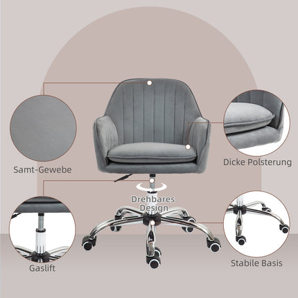 Height-adjustable velvet table chair with armrests, gray