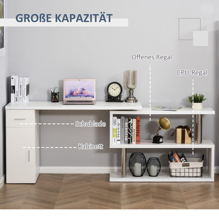 L-förmiger weißer Eckschreibtisch mit Regal und Schublade, 120x80x164 cm