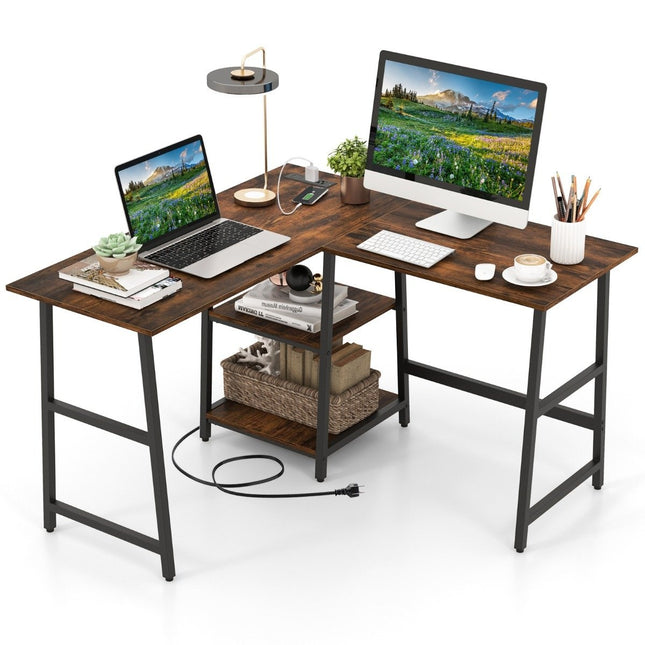 Schreibtisch L-Form Eckschreibtisch mit Steckdosen &amp; USB-Anschlüssen 120 x 120 x 75 cm rustikal braun