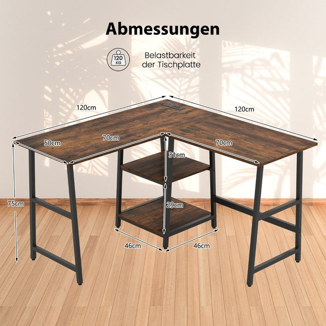 Schreibtisch L-Form Eckschreibtisch mit Steckdosen &amp; USB-Anschlüssen 120 x 120 x 75 cm rustikal braun