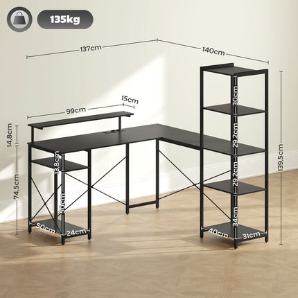 L-shaped office desk with storage shelves and USB port