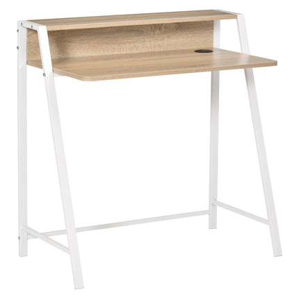 Bureau Table d'ordinateur moderne avec compartiment de rangement et passage de câbles, structure en métal, blanc + chêne, 84x45x85cm