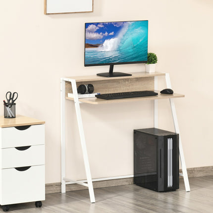 Bureau Table d'ordinateur moderne avec compartiment de rangement et passage de câbles, structure en métal, blanc + chêne, 84x45x85cm