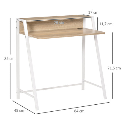 Bureau Table d'ordinateur moderne avec compartiment de rangement et passage de câbles, structure en métal, blanc + chêne, 84x45x85cm