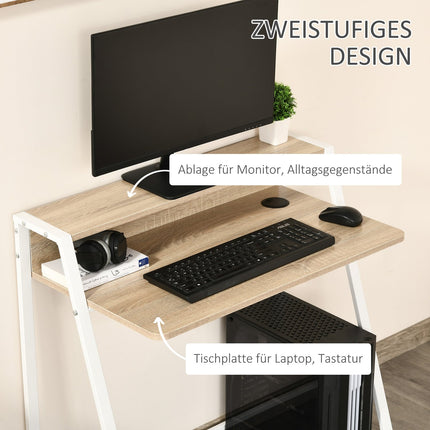 Bureau Table d'ordinateur moderne avec compartiment de rangement et passage de câbles, structure en métal, blanc + chêne, 84x45x85cm