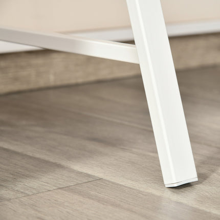 Bureau Table d'ordinateur moderne avec compartiment de rangement et passage de câbles, structure en métal, blanc + chêne, 84x45x85cm