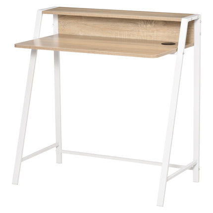 Bureau Table d'ordinateur moderne avec compartiment de rangement et passage de câbles, structure en métal, blanc + chêne, 84x45x85cm