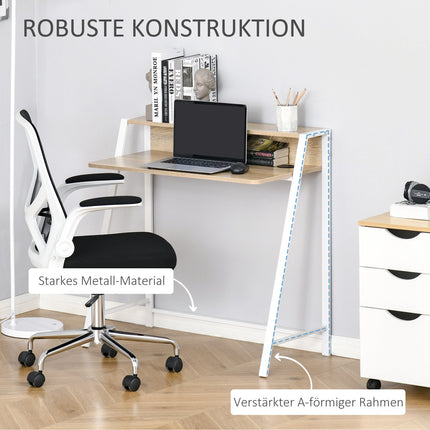 Bureau Table d'ordinateur moderne avec compartiment de rangement et passage de câbles, structure en métal, blanc + chêne, 84x45x85cm