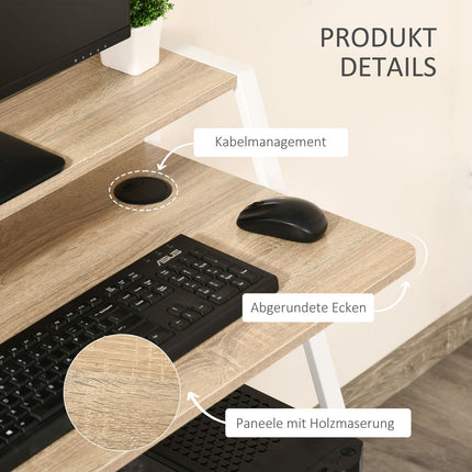 Bureau Table d'ordinateur moderne avec compartiment de rangement et passage de câbles, structure en métal, blanc + chêne, 84x45x85cm