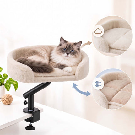 Desk Mounted Cat Bed with Clamp and Reversible Cushion, Cream, Up to 25 kg