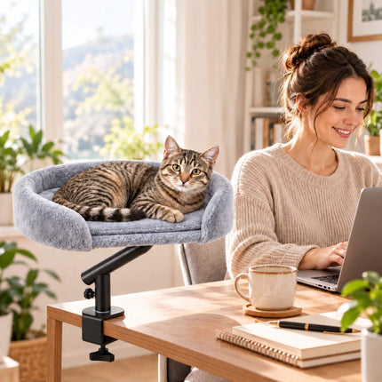 Desk Mounted Cat Bed with Clamp and Reversible Cushion, Grey, Up to 25 kg