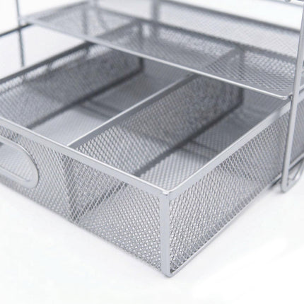 Stolní organizér, 6 přihrádek, zásuvka, ocelová síťovina