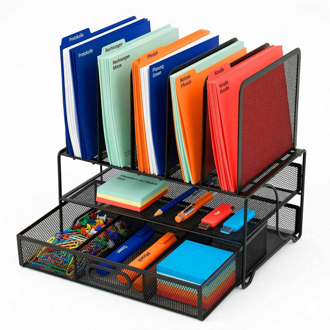 Schreibtisch-Organizer mit 6 Fächern, Schublade, Stahlgitter