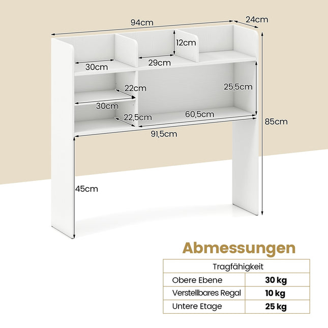Schreibtischregal mit 6 Fächern, verstellbar, weiß
