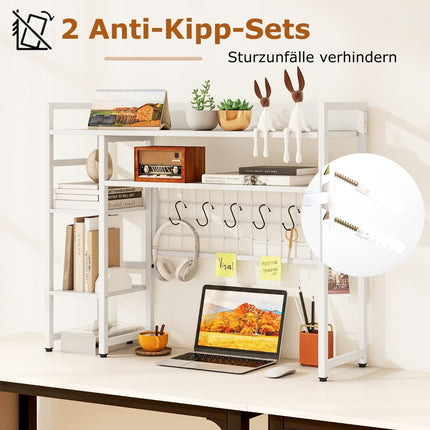 Desk Shelf with 4 Tiers & 6 Hooks – White, 94x25x74 cm