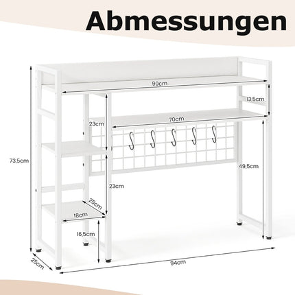 Desk Shelf with 4 Tiers & 6 Hooks – White, 94x25x74 cm