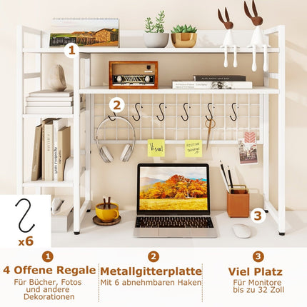 Desk Shelf with 4 Tiers & 6 Hooks – White, 94x25x74 cm