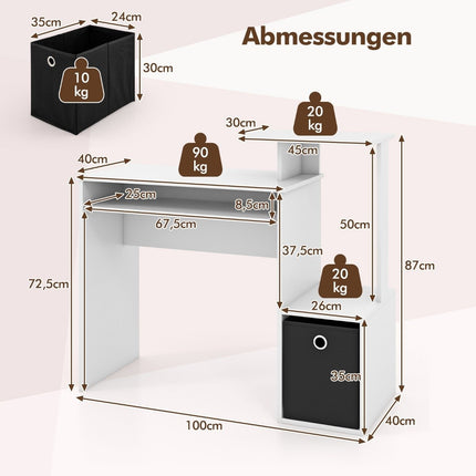 Desk Small Computer Desk with Printer Tray Office Table for Home Office 100 x 40 x 87 cm White
