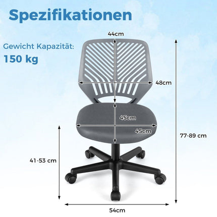 Schreibtischstuhl für Kinder armloser Kinderschreibtischstuhl 54 x 54 x 77-89 cm grau