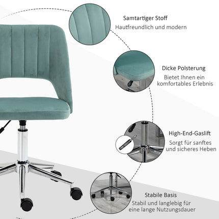 Ergonomischer Bürostuhl in grünem Samt - verstellbar, ohne Armlehnen
