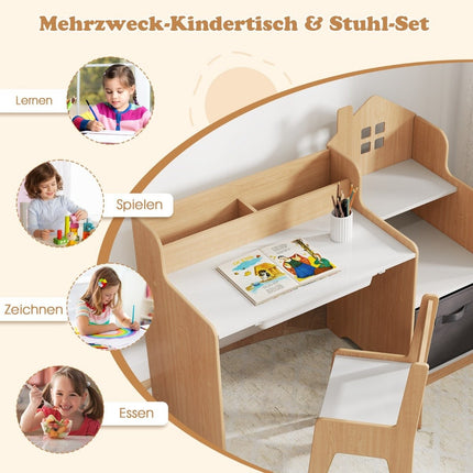 Ensemble bureau et chaise pour enfants Table d'étudiant avec étagères ouvertes Blanc + Naturel